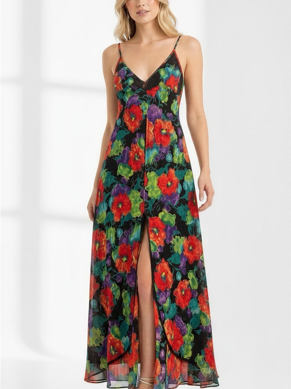 80s Indulgence Maxi Floral red poppies Halter Spaghetti Strap nightgown